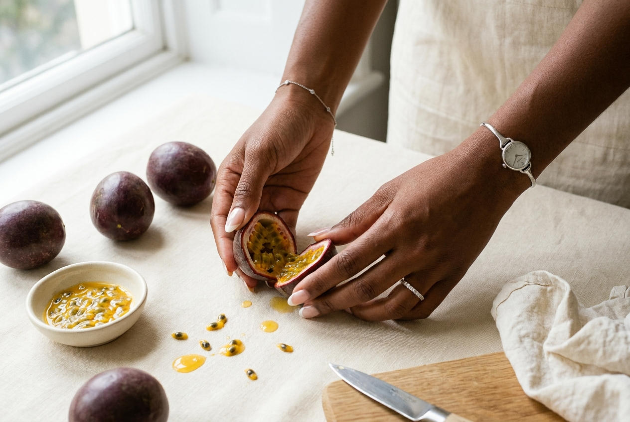 Mains en composition · préparation de fruits de la passion