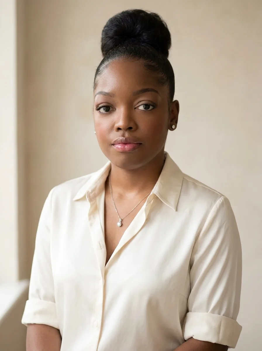 Portrait de la fondatrice de Kookiya Flavors, chemisier ivoire, lumière du jour
