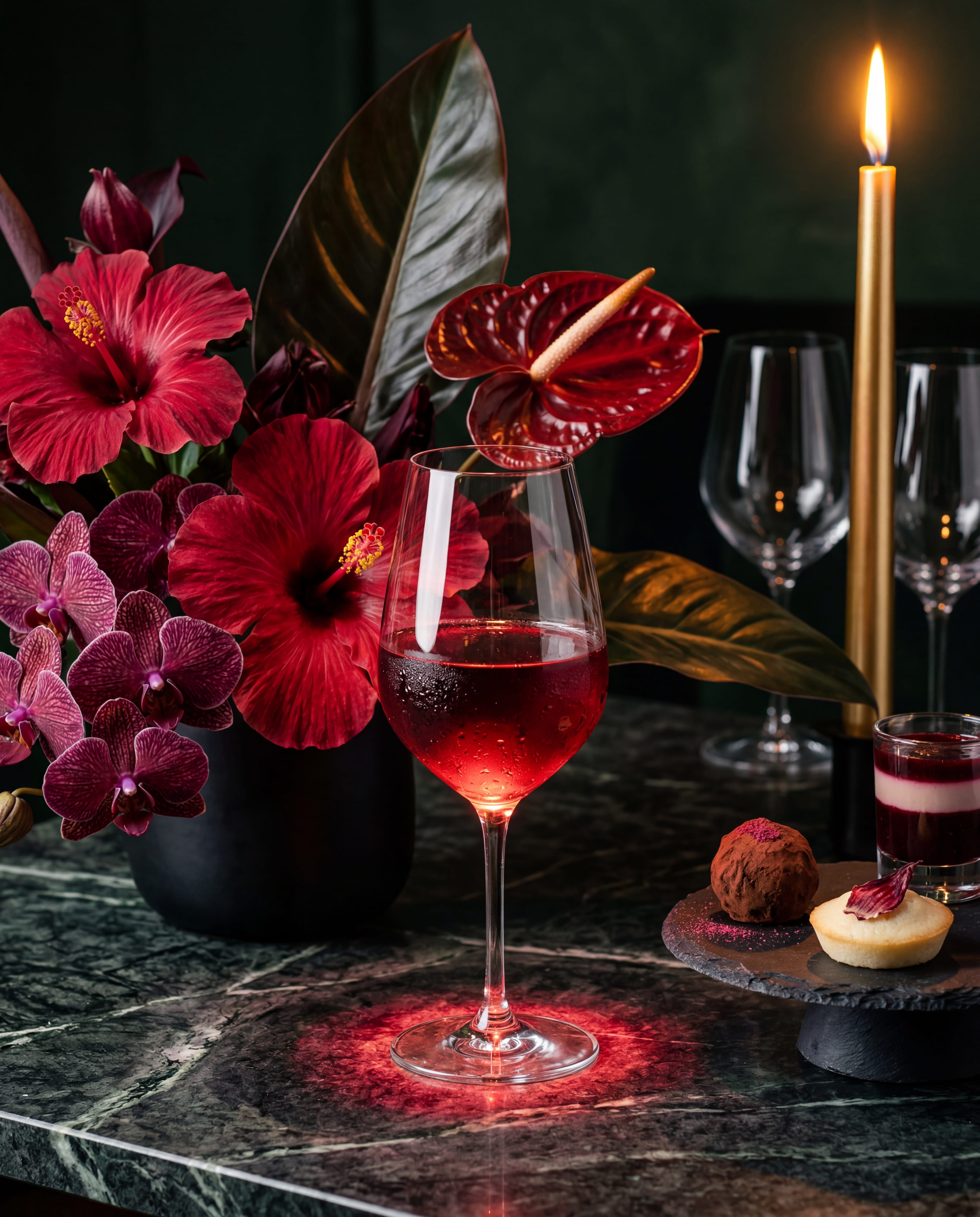 Composition Incarnat · hibiscus, bougie, coupe cristal