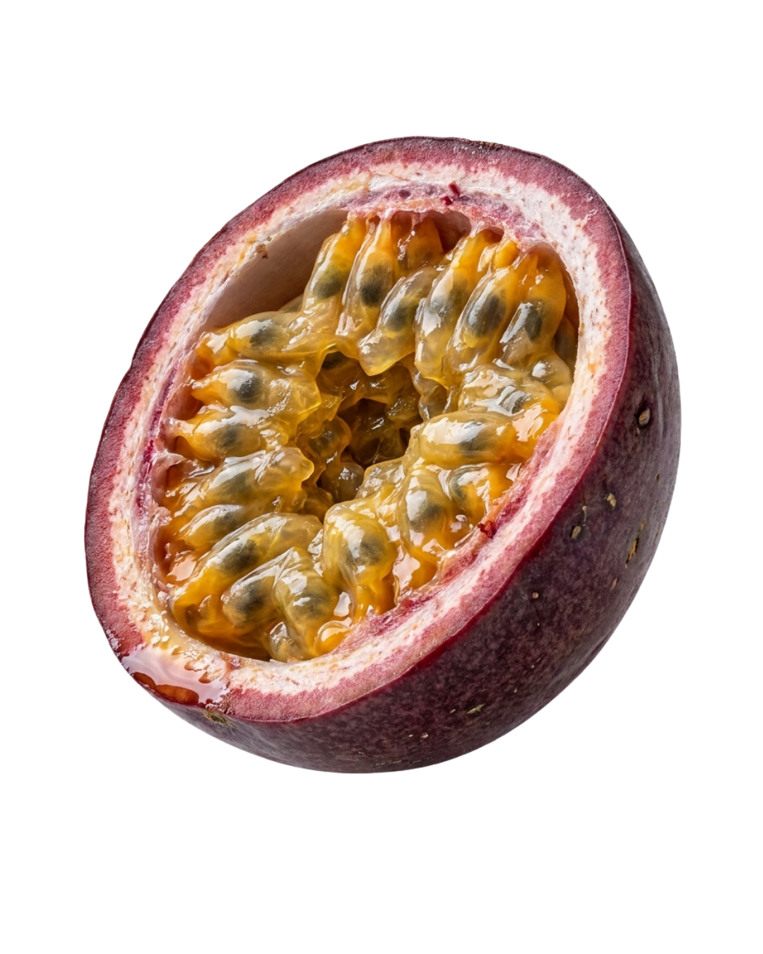 Fruit de la passion — ouvert, pulpe dorée